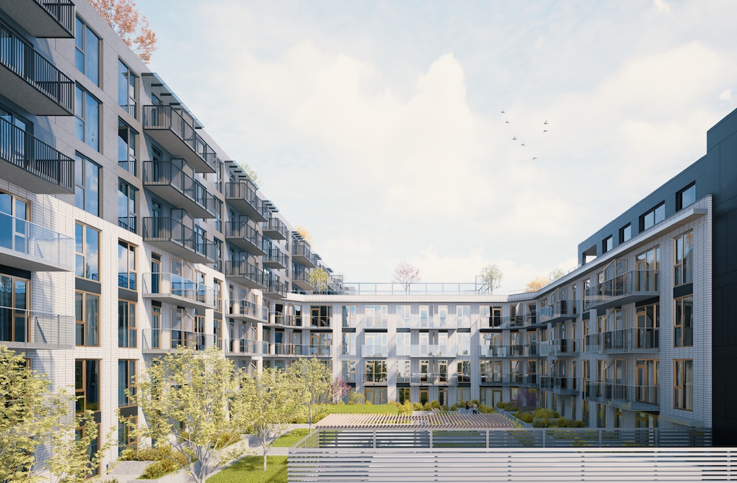 Additional shared indoor and outdoor amenity spaces are found on both the seventh-storey and 10-storey rooftops of the complex. Underground levels will provide 388 vehicle parking stalls, including 166 stalls for the building’s commercial uses. The parkade entrance will be located at the northeast corner of the building, fronting Vine Street. There will also be over 500 secured bike parking spaces. The total building floor area will reach 352,000 sq ft, establishing a floor area ratio density of a floor area that is 3.7 times larger than the size of the lot. The project’s architectural design firm is Musson Cattell Mackey Partnership, which has designed a growing number of other major projects by PCI Developments.