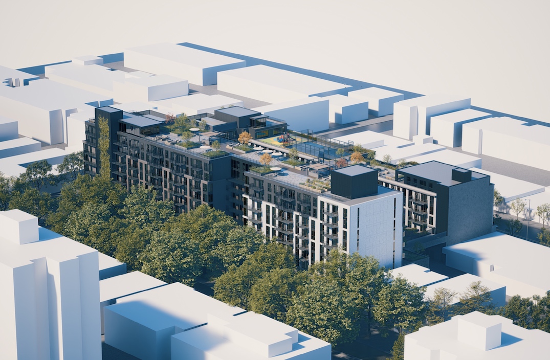 Additional shared indoor and outdoor amenity spaces are found on both the seventh-storey and 10-storey rooftops of the complex. Underground levels will provide 388 vehicle parking stalls, including 166 stalls for the building’s commercial uses. The parkade entrance will be located at the northeast corner of the building, fronting Vine Street. There will also be over 500 secured bike parking spaces. The total building floor area will reach 352,000 sq ft, establishing a floor area ratio density of a floor area that is 3.7 times larger than the size of the lot. The project’s architectural design firm is Musson Cattell Mackey Partnership, which has designed a growing number of other major projects by PCI Developments.