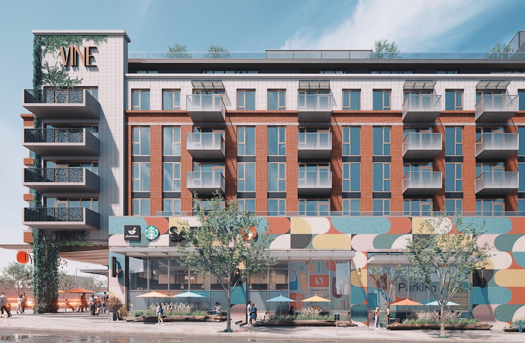 With 42,000 sq ft of floor area, the new replacement Safeway will be considerably larger than the existing store. Primarily above the ground-level commercial uses, the complex will generate 385 secured purpose-built rental homes. The unit size mix is 72 studios, 176 one-bedroom units, 103 two-bedroom units, and 24 three-bedroom units, plus 10 two-storey townhome units that front the building’s rear along West 3rd Avenue. Existing large trees along the property’s West 3rd Avenue frontage will be retained and protected.