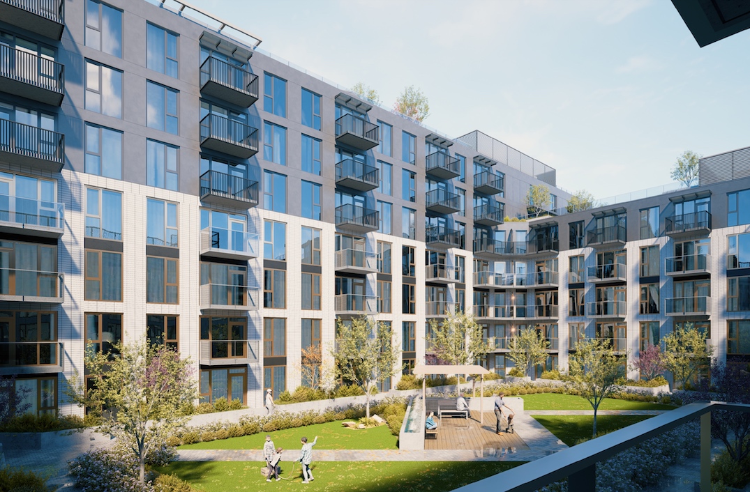 Additional shared indoor and outdoor amenity spaces are found on both the seventh-storey and 10-storey rooftops of the complex. Underground levels will provide 388 vehicle parking stalls, including 166 stalls for the building’s commercial uses. The parkade entrance will be located at the northeast corner of the building, fronting Vine Street. There will also be over 500 secured bike parking spaces. The total building floor area will reach 352,000 sq ft, establishing a floor area ratio density of a floor area that is 3.7 times larger than the size of the lot. The project’s architectural design firm is Musson Cattell Mackey Partnership, which has designed a growing number of other major projects by PCI Developments.