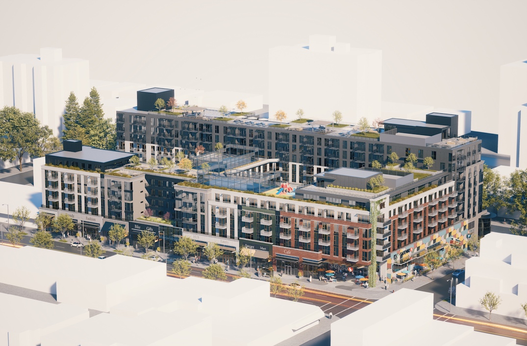 Additional shared indoor and outdoor amenity spaces are found on both the seventh-storey and 10-storey rooftops of the complex. Underground levels will provide 388 vehicle parking stalls, including 166 stalls for the building’s commercial uses. The parkade entrance will be located at the northeast corner of the building, fronting Vine Street. There will also be over 500 secured bike parking spaces. The total building floor area will reach 352,000 sq ft, establishing a floor area ratio density of a floor area that is 3.7 times larger than the size of the lot. The project’s architectural design firm is Musson Cattell Mackey Partnership, which has designed a growing number of other major projects by PCI Developments.